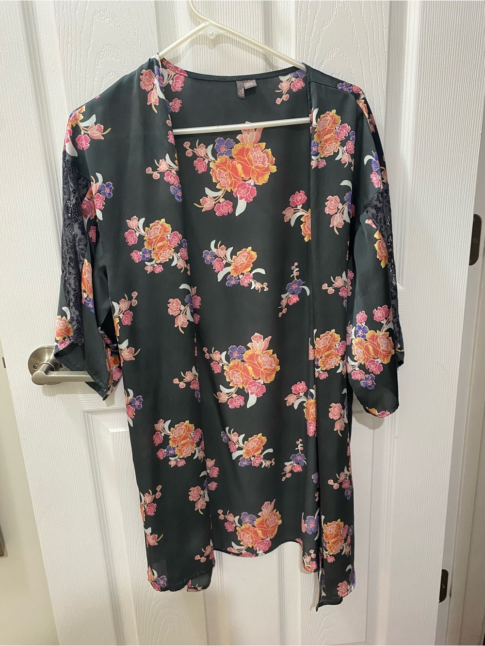 Black Floral Satin Draped Kimono